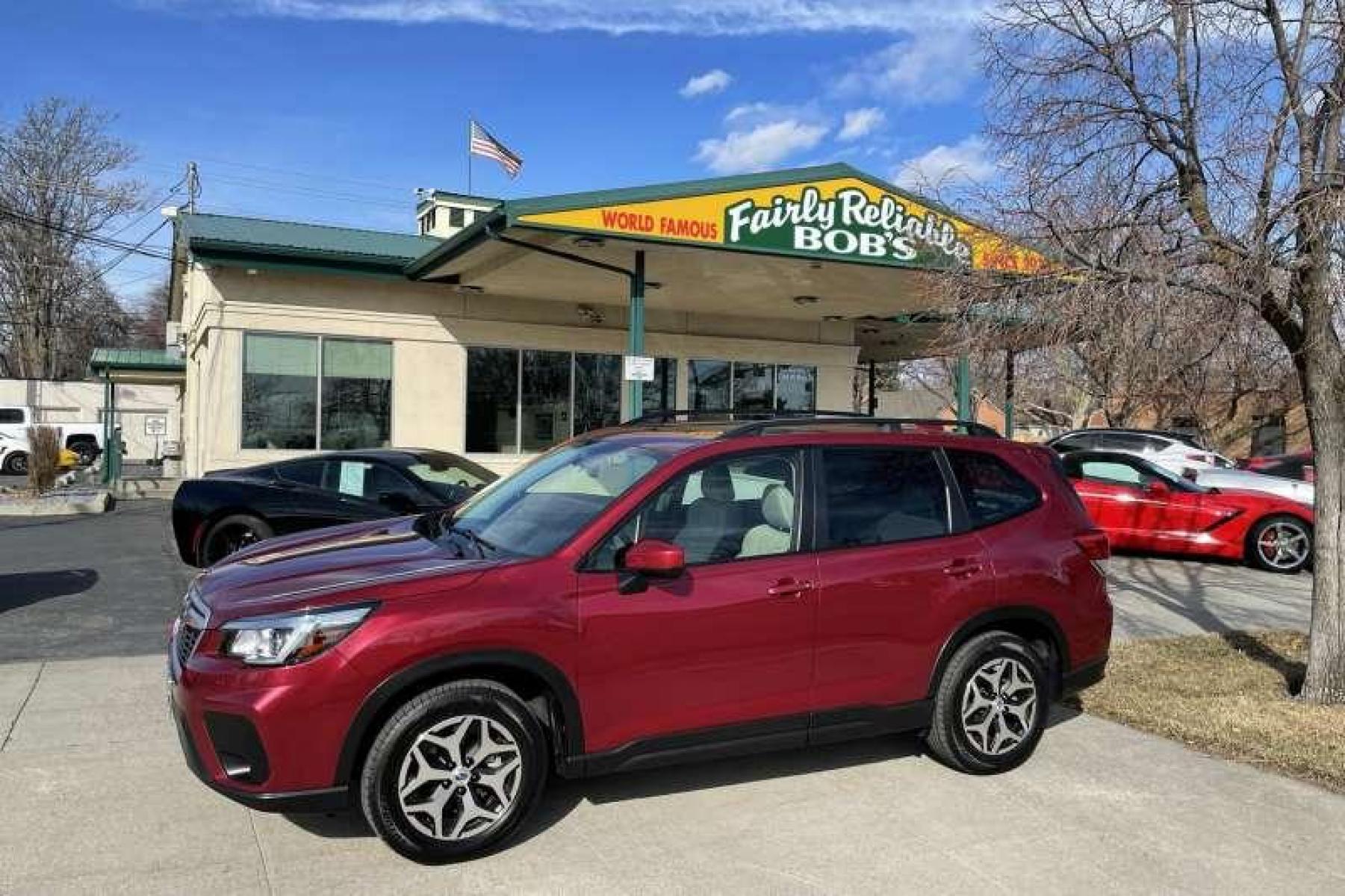 2019 Crimson Red Pearl /Tan Subaru Forester 2.5i Premium (JF2SKAGC6KH) with an H4 2.5 Liter engine, Automatic transmission, located at 2304 W. Main St., Boise, ID, 83702, (208) 342-7777, 43.622105, -116.218658 - Financing Available O.A.C. - Photo #0