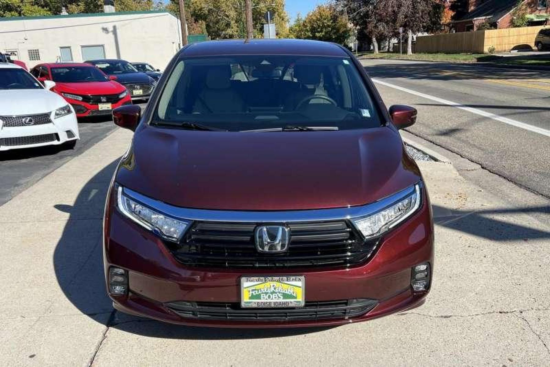2021 Deep Scarlet Pearl Red /Tan Honda Odyssey EX (5FNRL6H52MB) with an V6 3.5 Liter engine, Automatic transmission, located at 2304 W. Main St., Boise, ID, 83702, (208) 342-7777, 43.622105, -116.218658 - Financing Available O.A.C. - Photo #1