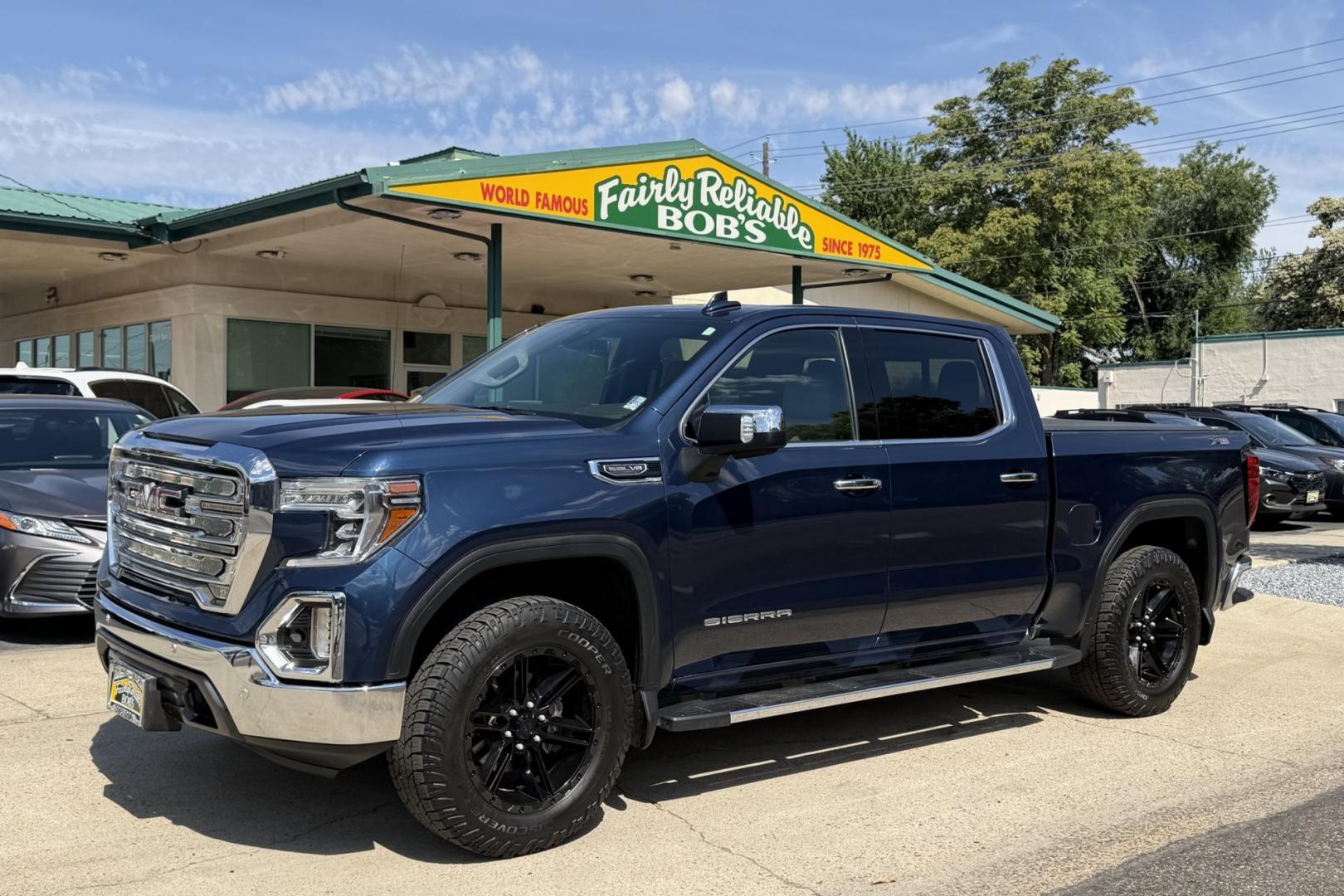 2020 Northsky Blue Metallic /Shale GMC Sierra 1500 SLT X31 (1GTU9DED6LZ) with an V8 5.3 Liter engine, Automatic 10 Speed transmission, located at 2304 W. Main St., Boise, ID, 83702, (208) 342-7777, 43.622105, -116.218658 - Highly Optioned SLT X31 Off Road Package!- Photo#0