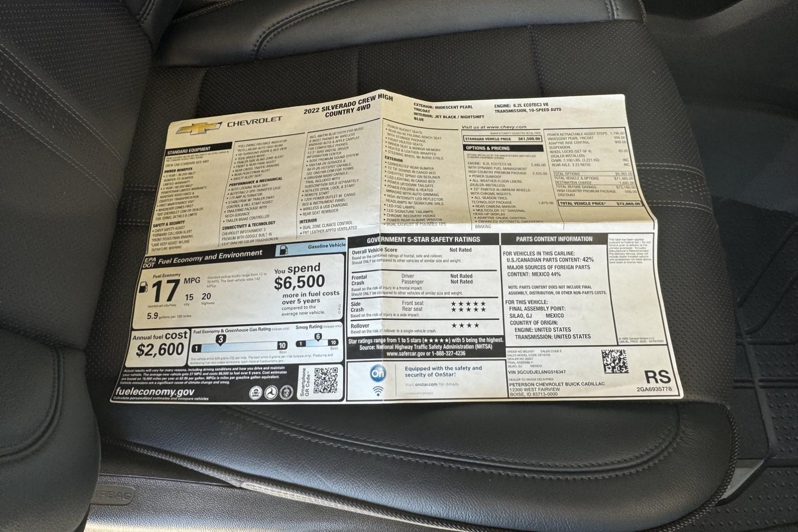 2022 Iridescent Pearl Tricoat /Jet Black/Nightshift Blue Chevrolet Silverado 1500 High Country High Country (3GCUDJEL6NG) with an V8 6.2 Liter engine, Automatic 10 Speed transmission, located at 2304 W. Main St., Boise, ID, 83702, (208) 342-7777, 43.622105, -116.218658 - One Owner Idaho Truck! - Photo#27