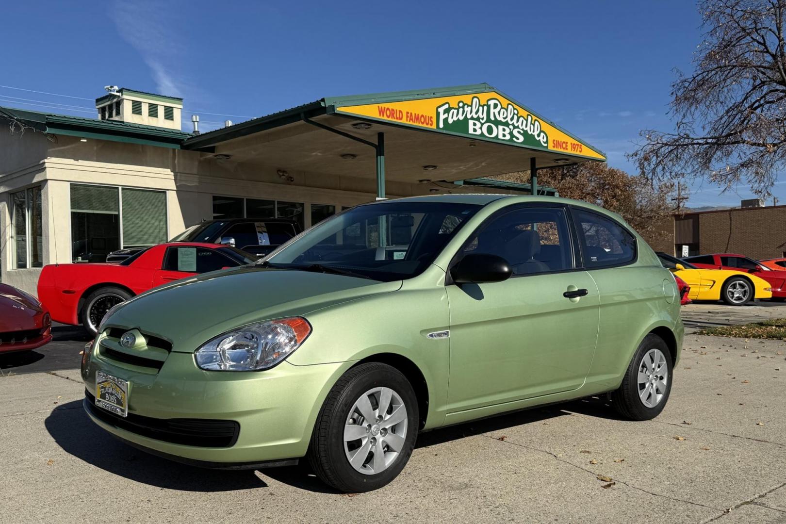 2008 Apple Green /Black Hyundai Accent GS (KMHCM36C98U) with an 4 Cyl 1.6 Liter engine, Automatic transmission, located at 2304 W. Main St., Boise, ID, 83702, (208) 342-7777, 43.622105, -116.218658 - One Of A Kind! Incredibly Low Mileage On This Gas Miser! - Photo#0