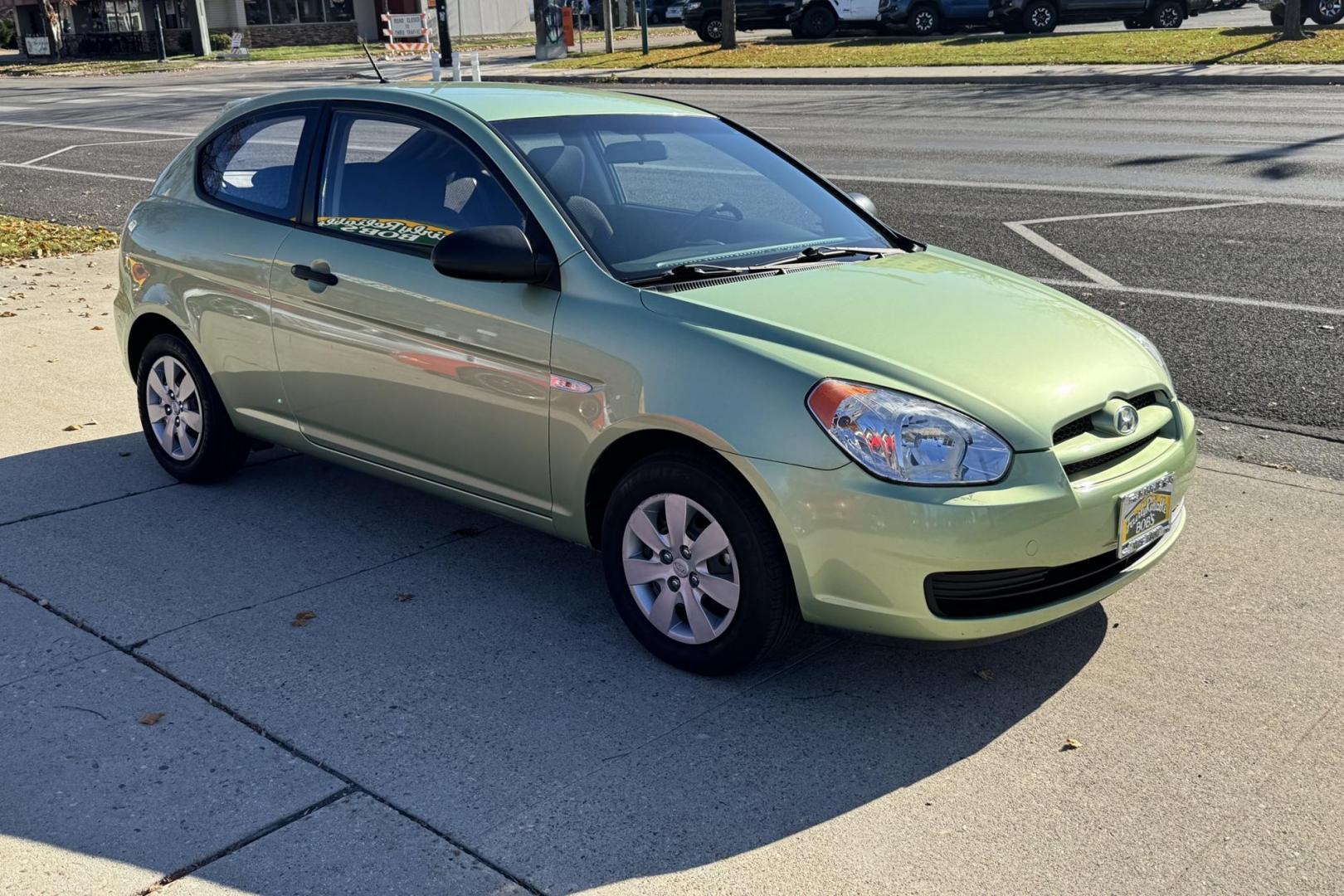 2008 Apple Green /Black Hyundai Accent GS (KMHCM36C98U) with an 4 Cyl 1.6 Liter engine, Automatic transmission, located at 2304 W. Main St., Boise, ID, 83702, (208) 342-7777, 43.622105, -116.218658 - One Of A Kind! Incredibly Low Mileage On This Gas Miser! - Photo#2