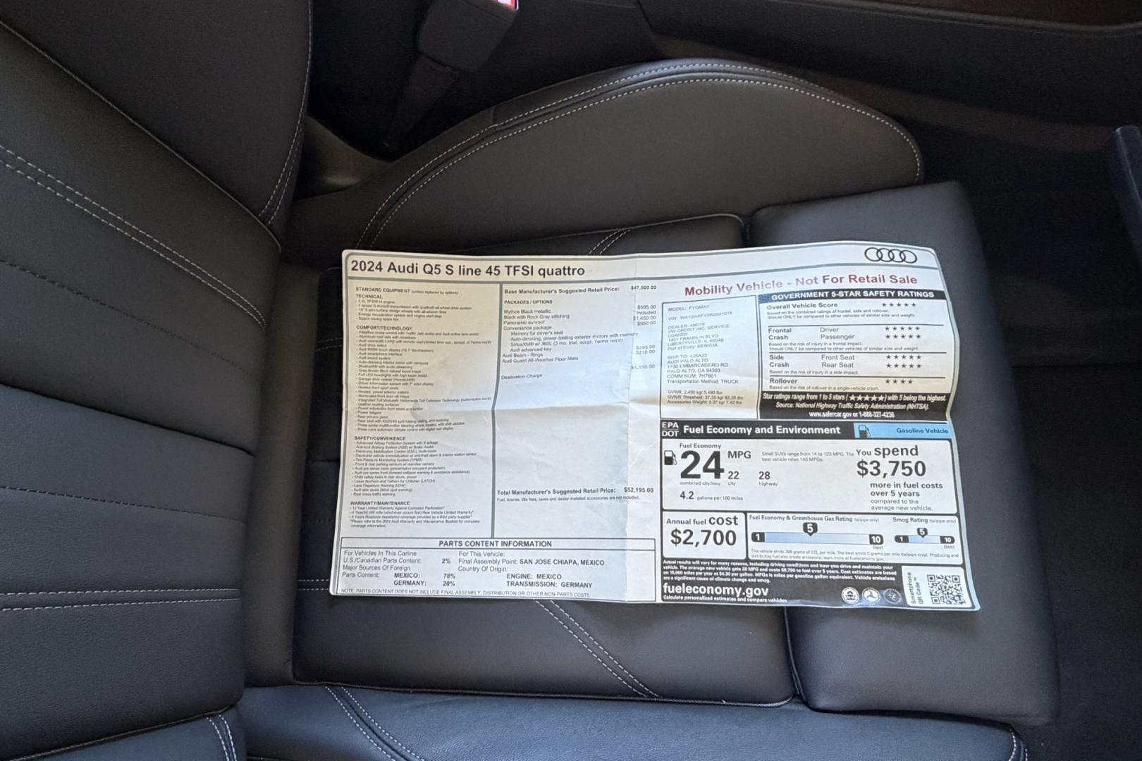 2024 Mythos Black /Black Audi Q5 S-Line (WA1GAAFY5R2) with an 4 Cyl 2.0 Liter Turbo engine, Automatic 7 Speed transmission, located at 2304 W. Main St., Boise, ID, 83702, (208) 342-7777, 43.622105, -116.218658 - Remaining Factory Warranty! Smooth Ride!- Photo#22