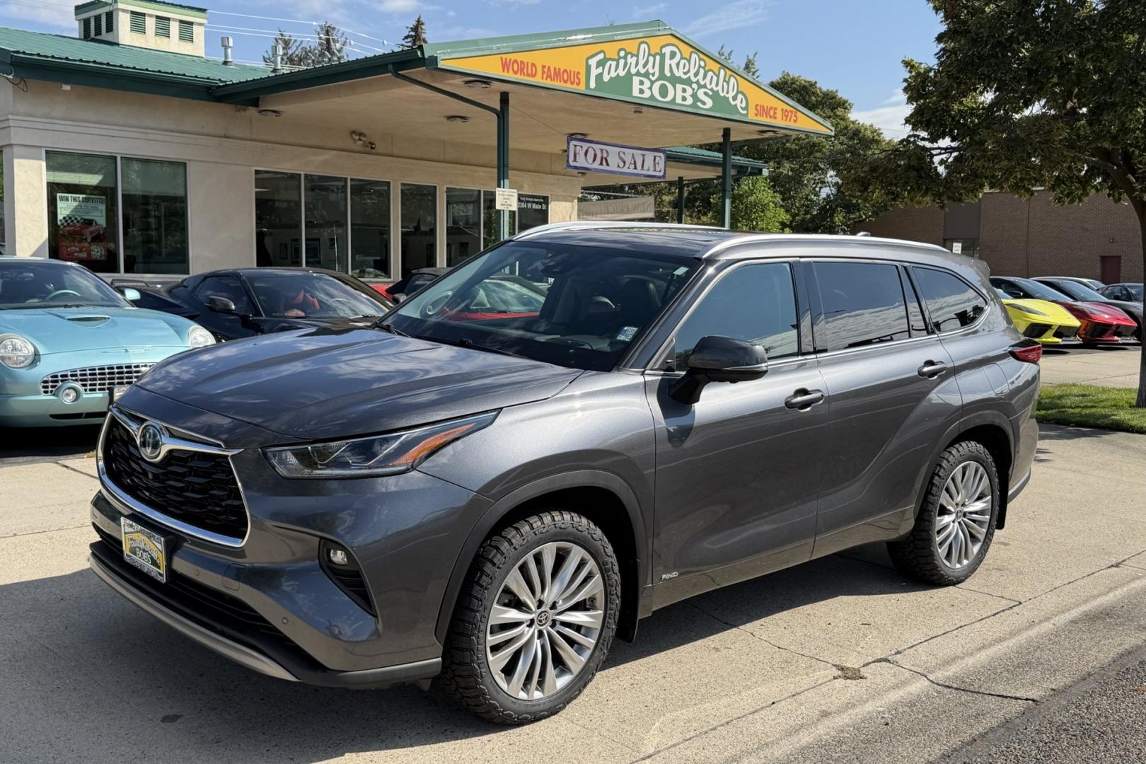 2023 Magnetite Gray Metallic /Black Toyota Highlander Platinum (5TDEBRCH4PS) with an 4 Cyl 2.5 Liter Hybrid engine, Automatic transmission, located at 2304 W. Main St., Boise, ID, 83702, (208) 342-7777, 43.622105, -116.218658 - New Tires! Hard To Find! Great To Own!- Photo#0