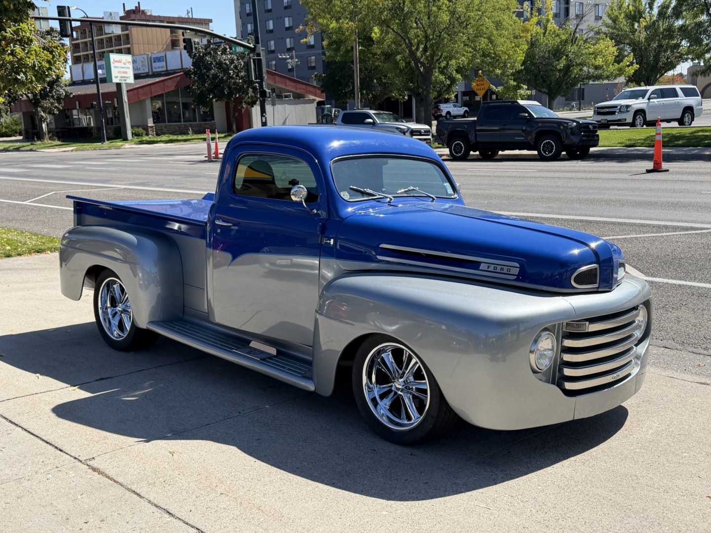 1948 Blue/Silver /Gray Ford F100 (899C1997344) with an V8 engine, Automatic transmission, located at 2304 W. Main St., Boise, ID, 83702, (208) 342-7777, 43.622105, -116.218658 - WOW! Documented Restoration of an older 1948 Ford F100! Classic Car Air Conditioning And Tilt Column!- Photo#2