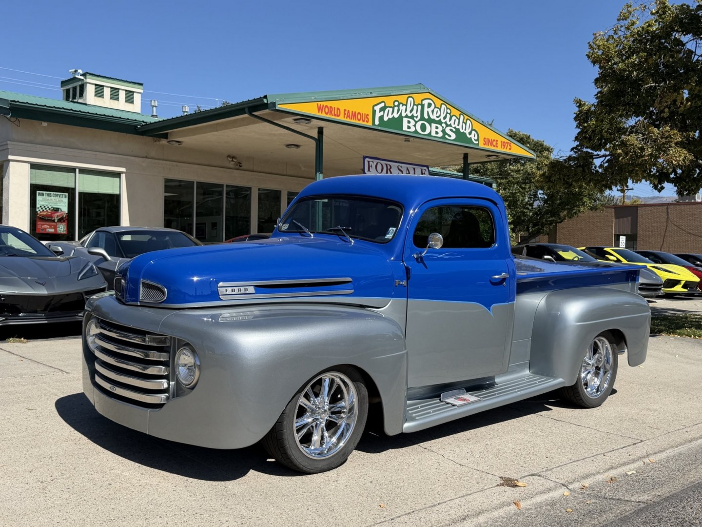 1948 Blue/Silver /Gray Ford F100 (899C1997344) with an V8 engine, Automatic transmission, located at 2304 W. Main St., Boise, ID, 83702, (208) 342-7777, 43.622105, -116.218658 - WOW! Documented Restoration of an older 1948 Ford F100! Classic Car Air Conditioning And Tilt Column!- Photo#0